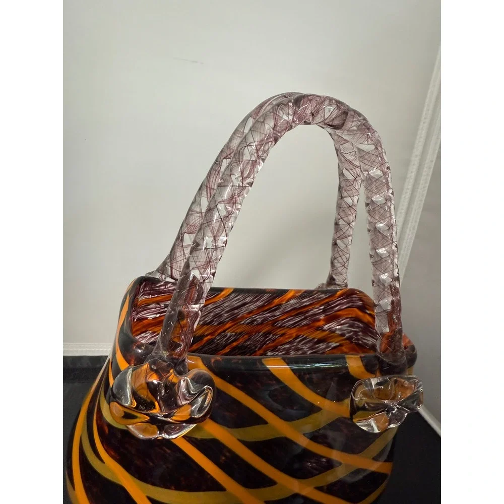 Fifth Avenue Crystal Glass‎ vase Purse Orange Black Swirl Twisted Handles